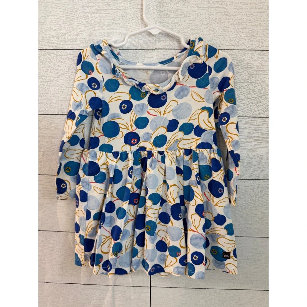 Tea Collection Girls Blueberry Print Ruffle Neck Long Sleeve Skater Dress Size 2
